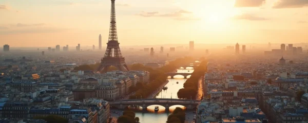 Vue panoramique sur les monuments emblématiques de Paris avec la Tour Eiffel, l'Arc de Triomphe et la Seine sous un ciel lumineux