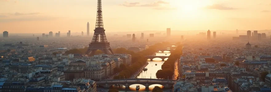 Vue panoramique sur les monuments emblématiques de Paris avec la Tour Eiffel, l'Arc de Triomphe et la Seine sous un ciel lumineux