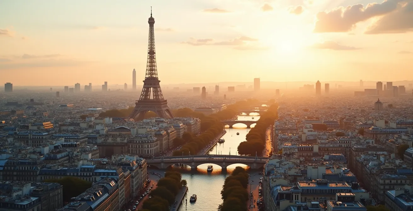Vue panoramique sur les monuments emblématiques de Paris avec la Tour Eiffel, l'Arc de Triomphe et la Seine sous un ciel lumineux