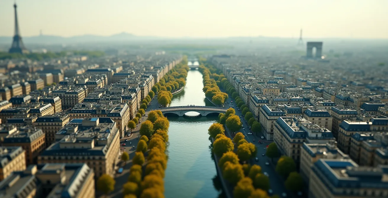 Vue aérienne stylisée de Paris montrant la disposition géographique naturelle des monuments emblématiques avec zones colorées et itinéraires fluides