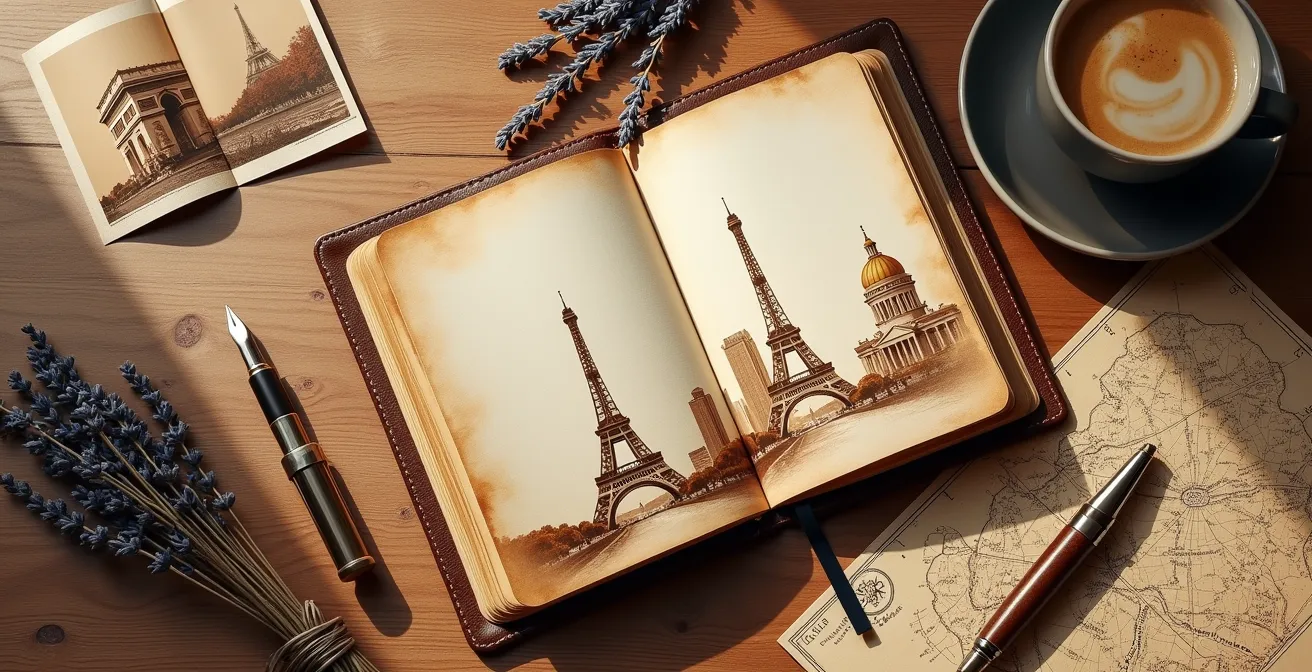 Composition artistique évoquant la sélection des monuments parisiens avec carnet de voyage ouvert, photographies vintage et carte de Paris annotée
