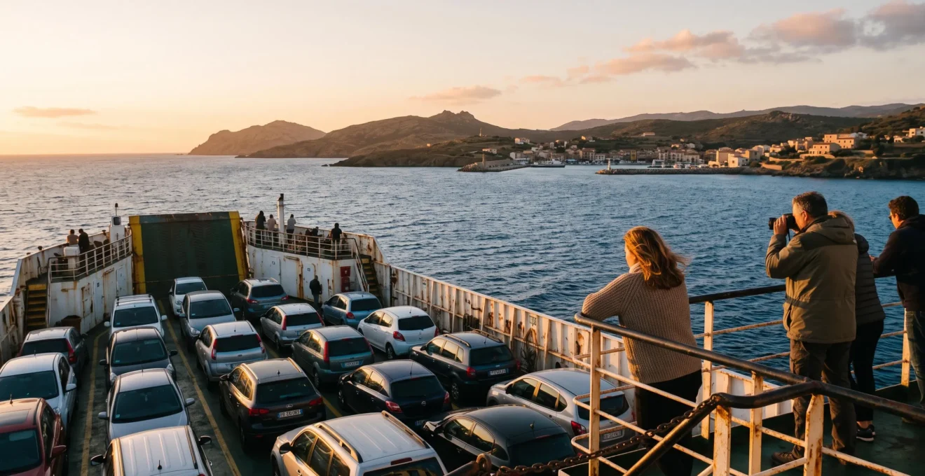 Passagers à la balustrade d'un ferry observant la côte sarde à l'approche du port au lever du soleil, véhicules garés sur le pont.
