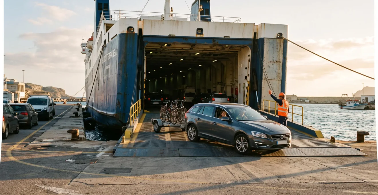 Une voiture familiale avec remorque monte la rampe d'un ferry au port, guidée par un agent en gilet haute visibilité.