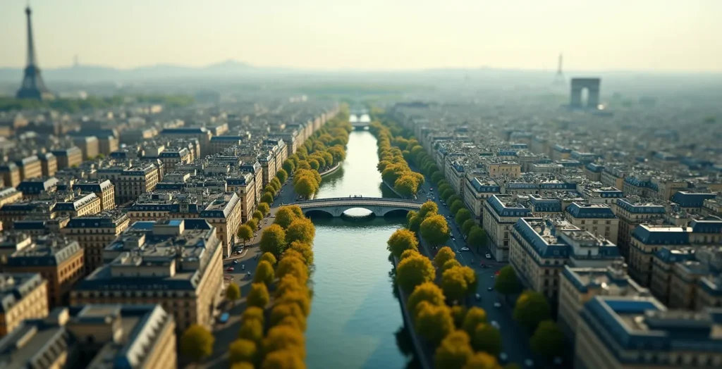 Vue aérienne stylisée de Paris montrant la disposition géographique naturelle des monuments emblématiques avec zones colorées et itinéraires fluides