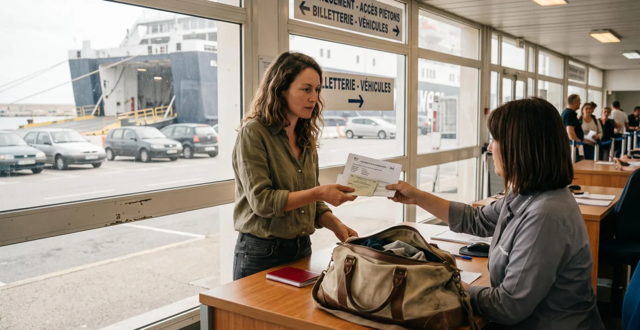 Une voyageuse remet ses documents de réservation et la carte grise de son véhicule à un agent au comptoir d'enregistrement du port.